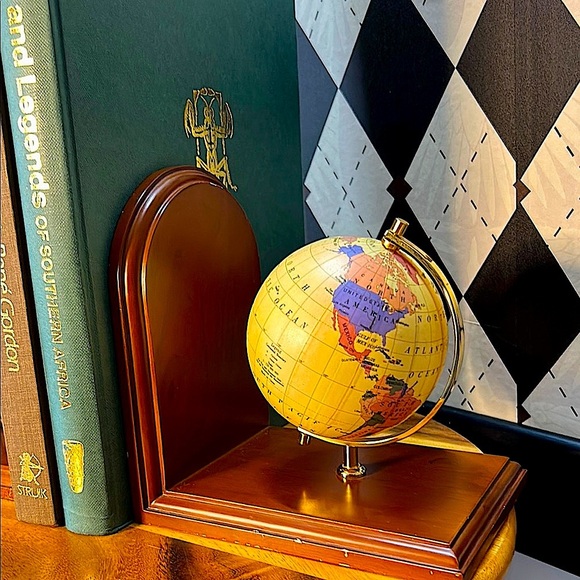 Elegant Vintage Globe Bookends | Brass & Wood | Timeless Library Accent - Picture 10 of 14